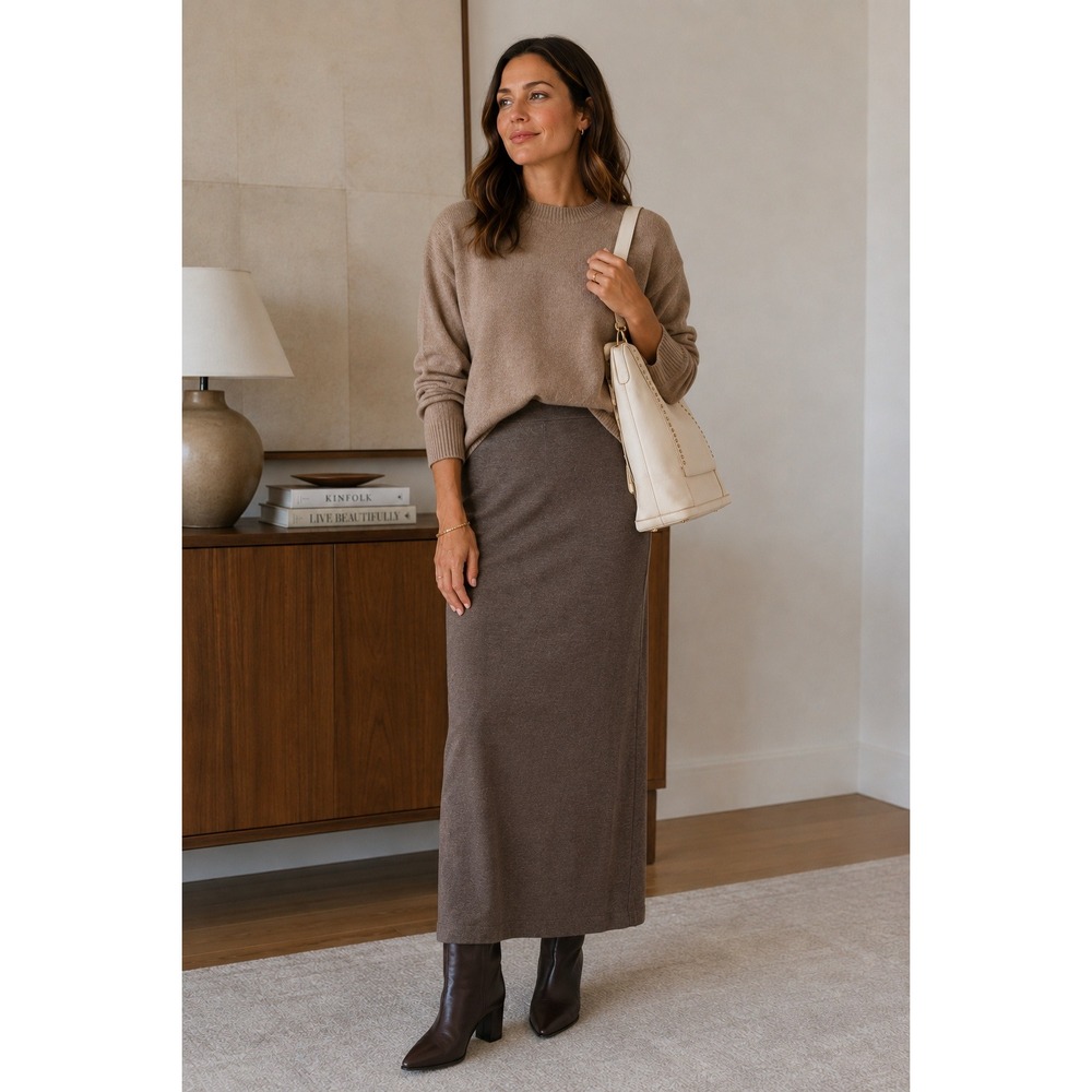 ETERNE 100% Cashmere Maxi Skirt Womens XS/S Brown 100% Back Slit Column Skirt
